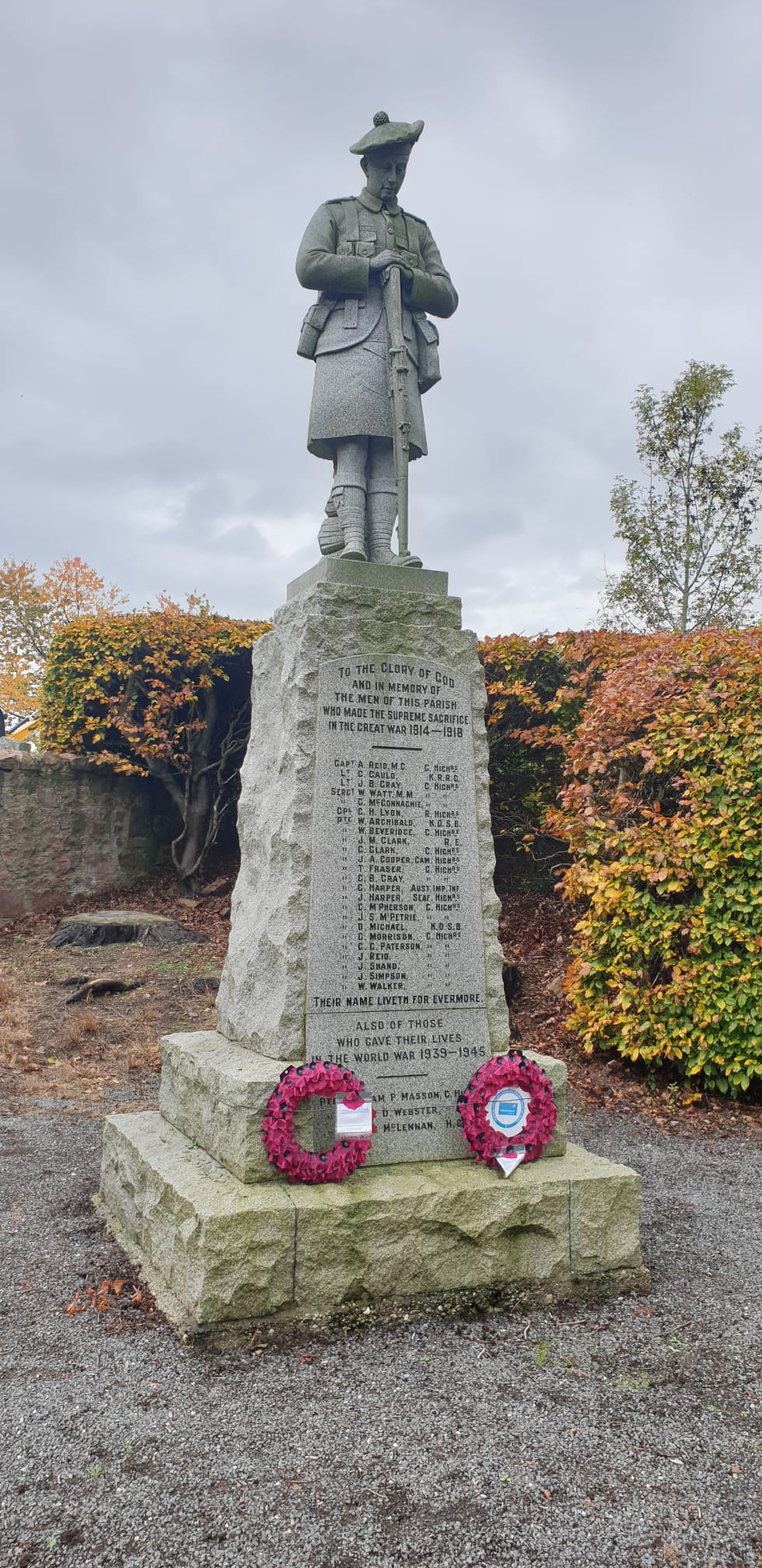 The Tough war memorial to the north of the Parish church. It commemorates both World War I and II. The memorial is surmounted by the statue of a kilted soldier with a Glengarry bonnet, standing with bowed head, holding an inverted rifle. (ack.Dave Tough) 